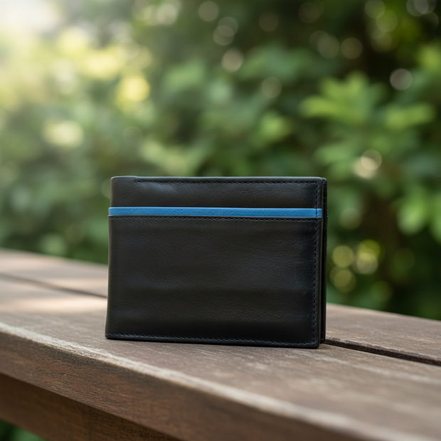 Zauray Premium Black Leather Bifold Wallet with Blue Accent