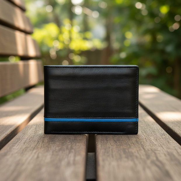 Zauray Premium Black Leather Bifold Wallet with Blue Accent