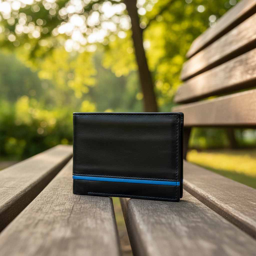 Zauray Premium Black Leather Bifold Wallet with Blue Accent